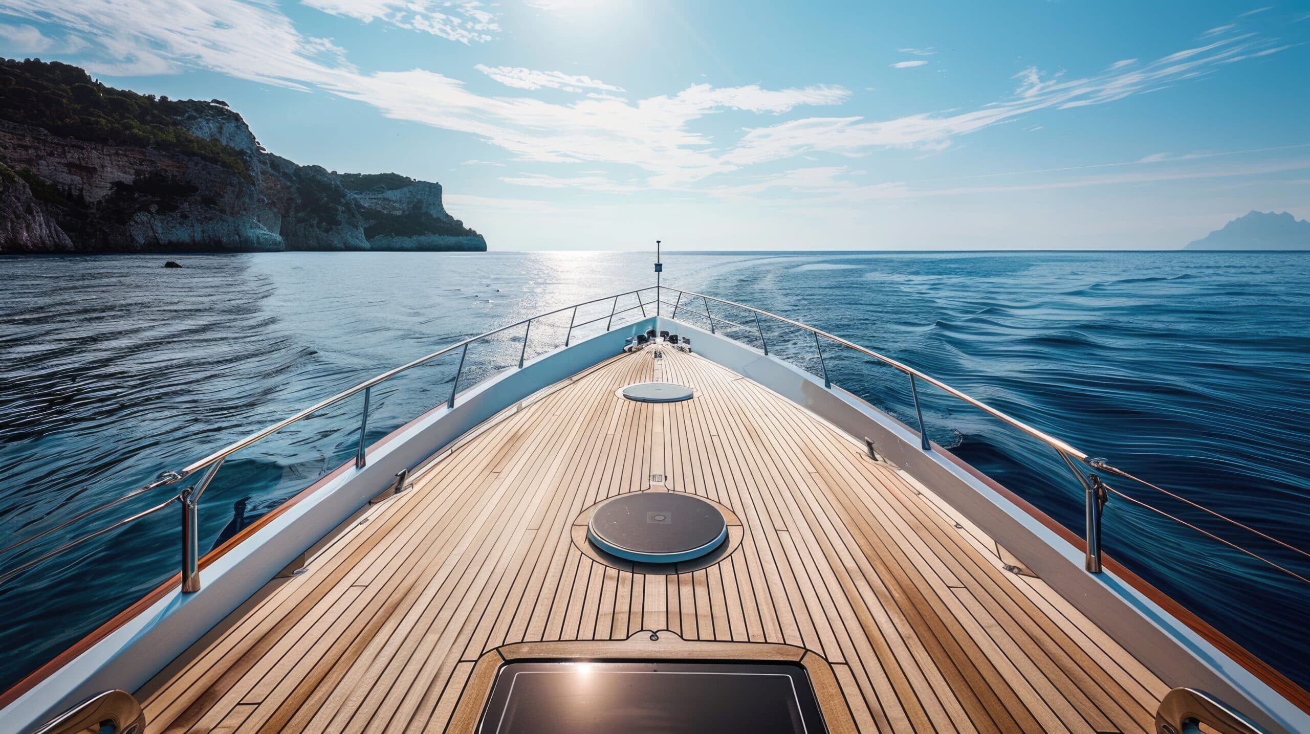 View forward across a yacht deck at sea