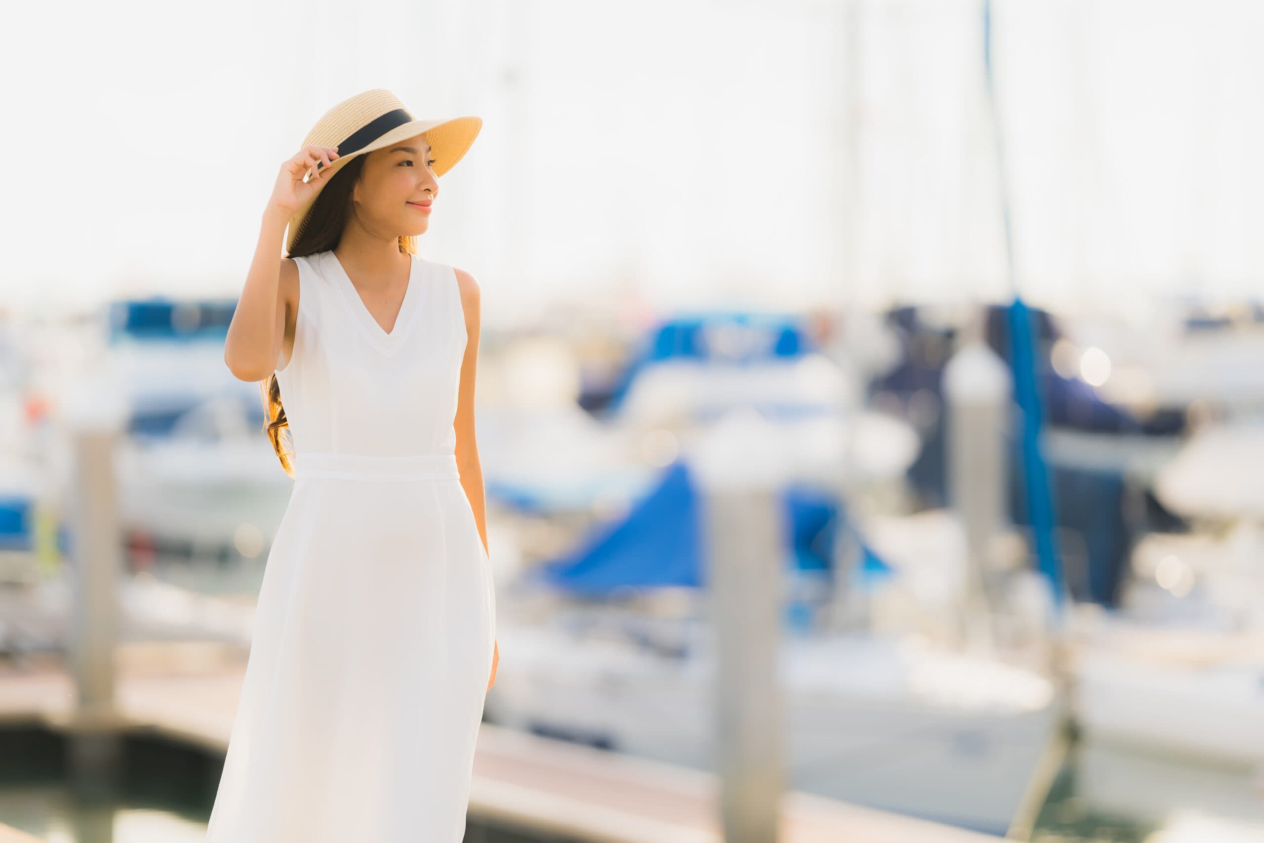 Traveller relaxing beside a marina