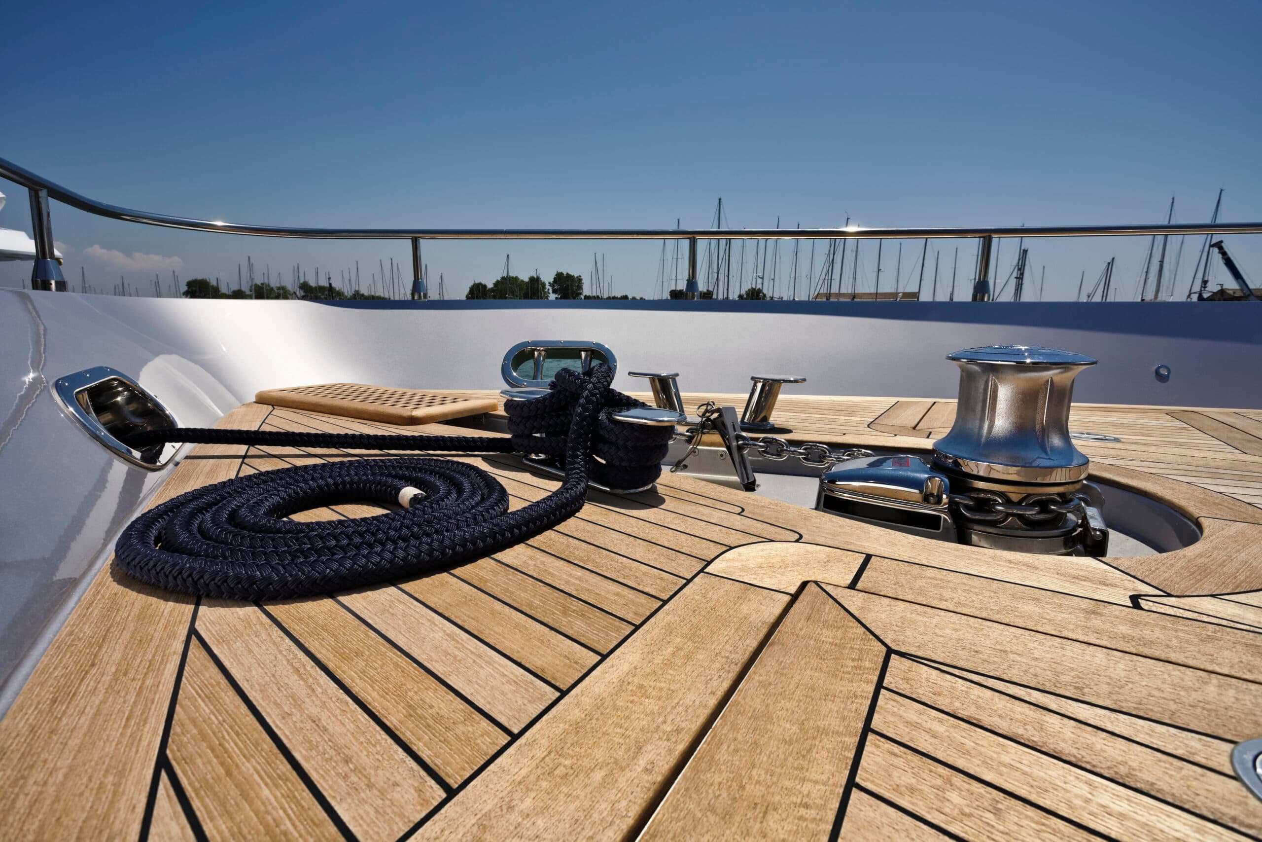 Yacht deck, winches, and mooring lines